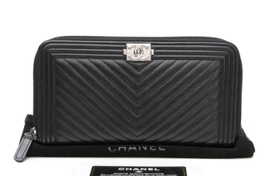 CHANEL Black Calfskin Chevron Zip Around Boy Wallet