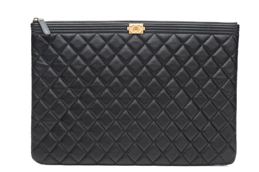 CHANEL Black Caviar Quilted Boy O Case Large Clutch
