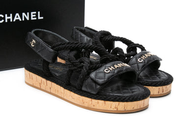 CHANEL Black Cord Lambskin Quilted Logo Sandals 38