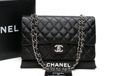 CHANEL Black Lambskin Quilted Medium Double Flap Bag