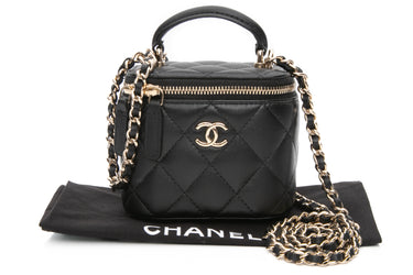 CHANEL Black Lambskin Quilted Top Handle Mini Vanity Case With Chain