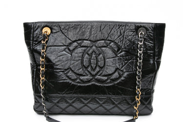 CHANEL Black Shiny Aged Calfskin Quilted Small Shopping Tote Bag
