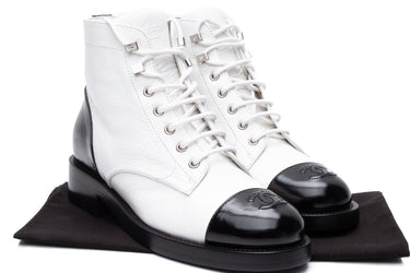 CHANEL Black White Distressed Patent Cap Toe Combat Boots 38 (New)