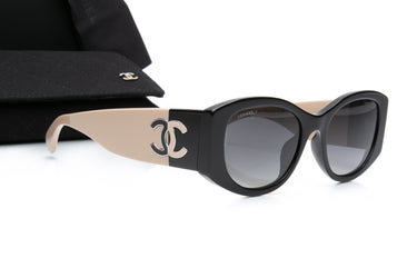 CHANEL Black and Beige Acetate Oval Sunglasses (New)