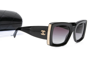 CHANEL Black and Gold Rectangle Acetate Sunglasses (New)