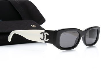 CHANEL Black and White Rectangle Acetate Polarized Sunglasses (New)