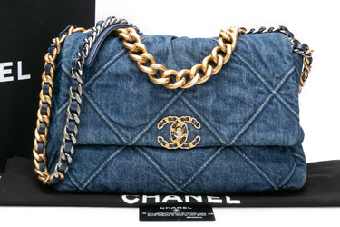 CHANEL Blue Denim Quilted Medium Chanel 19 Crossbody Bag
