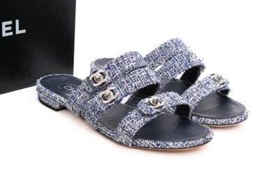 CHANEL Blue Ecru Grey Tweed Lambskin CC Turnlock Mule Sandals 37.5