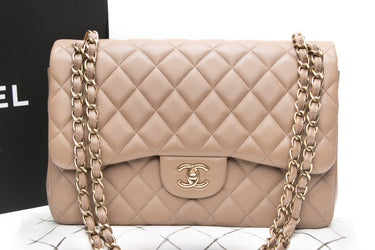 CHANEL Dark Beige Lambskin Quilted Jumbo Double Flap Bag