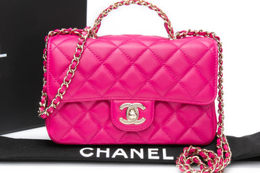 CHANEL Fuchsia Lambskin Quilted Mini Rectangular Crystal Top Handle Flap Bag