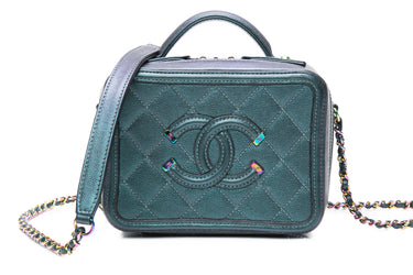 CHANEL Dark Turquoise Iridescent Caviar Quilted Mini CC Filigree Vanity Case
