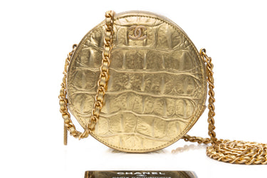 CHANEL Gold Metallic Crocodile Embossed Round Clutch with Chain