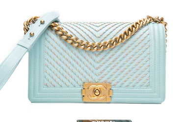 CHANEL Light Blue Calfskin Chevron Embroidered Medium Boy By The Sea Flap Bag