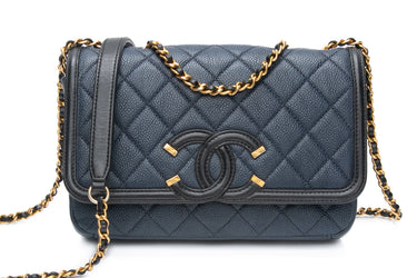 CHANEL Navy & Black Caviar Quilted Small CC Filigree Flap