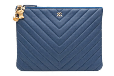 CHANEL Navy Blue Caviar Chevron Paris Athens O Case Clutch