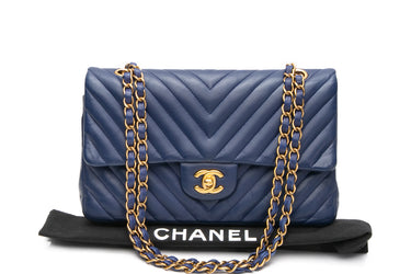 CHANEL Navy Blue Medium Classic Lambskin Chevron Double Flap Bag