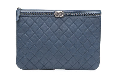 CHANEL Navy Blue Quilted Caviar Boy O Case Chain Clutch