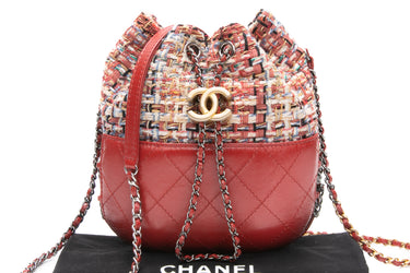 CHANEL Red Multicolor Gabrielle Tweed Bucket Bag