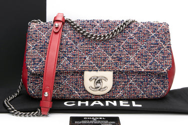 CHANEL Red and Blue Tweed Quilted Medium Flap Bag