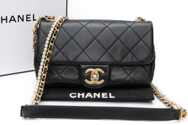 CHANEL Mini Black Crystal Pearls Chain Lambskin Quilted Flap Bag