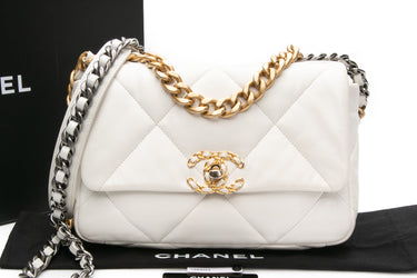 CHANEL White Goatskin Quilted Chanel 19 Flap Bag
