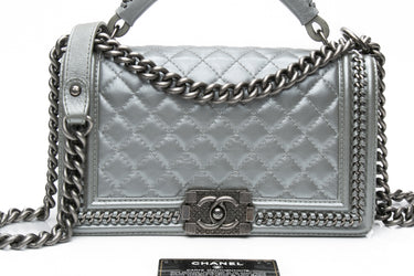 Chanel Silver Metallic Calfskin Quilted Medium Top Handle Boy Flap