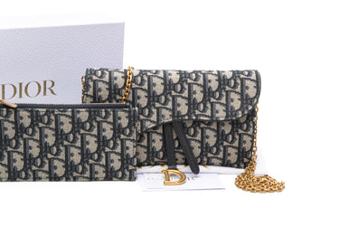 DIOR Blue Dior Oblique Jacquard Long Saddle Pouch Wallet With Chain Crossbody