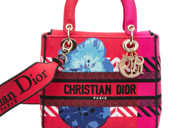DIOR Red Pink Canvas Embroidered Flower Pop Medium Lady D-Lite Bag
