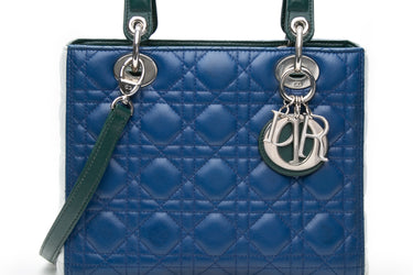 DIOR Tri-color Blue Celeste Deep Green Lambskin Cannage Medium Lady Dior Bag