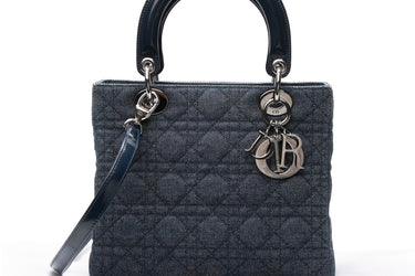 DIOR Vintage Blue Denim Cannage Medium Lady Dior Bag
