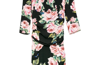 DOLCE & GABBANA Rose Print Silk Draped Shift Dress 42