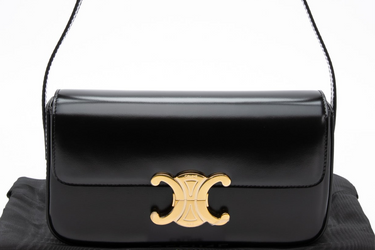 CELINE Black Shiny Calfskin Claude Triomphe Shoulder Bag (New)