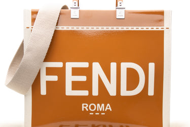 FENDI Signature Sunshine Ecru Canvas and Light Brown Patent Leather Medium Shopper Tote Bag (New)