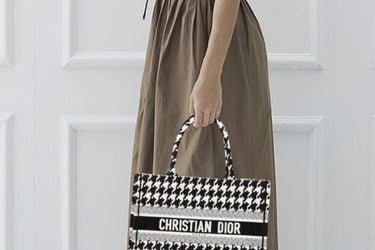 DIOR Black and White Canvas Macro Houndstooth Embroidered Medium Book Tote Bag