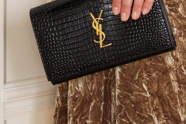 SAINT LAURENT Black Cassandre Crocodile Embossed Wallet on Chain WOC