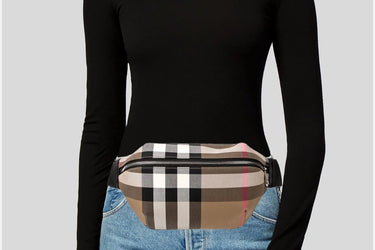BURBERRY Taupe Brown Nylon Giant Check Medium Sonny Bum Bag