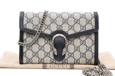 GUCCI Beige Blue GG Supreme Monogram Textured Dollar Calfskin Mini Dionysus Wallet on Chain