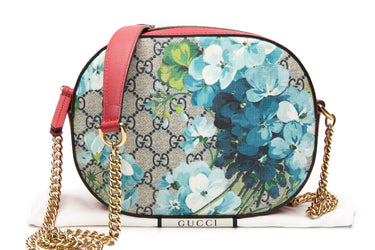 GUCCI Beige Blue Navy Hibiscus Red GG Supreme Monogram Blooms Mini Chain Shoulder Bag