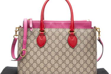 GUCCI Beige Ebony Hibiscus Red New Rosette GG Supreme Monogram Moon Calfskin Small Zip Top Tote Bag