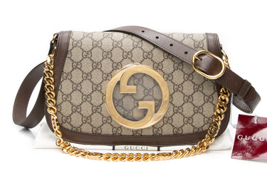 GUCCI Beige Ebony New Acero GG Supreme Monogram Textured Dollar Calfskin Blondie Shoulder Flap Bag (New)