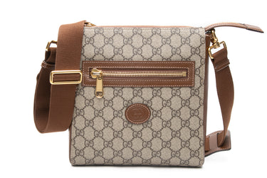 GUCCI Beige Ebony and Brown Sugar GG Supreme Monogram Azalea Calfskin Retro Interlocking G Flat Messenger Bag