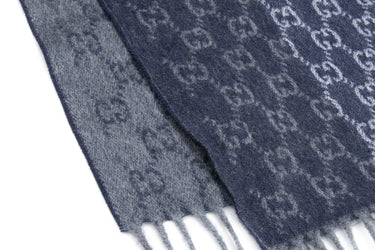 GUCCI Navy Grey Cashmere Wool GG Fringe Scarf (New)