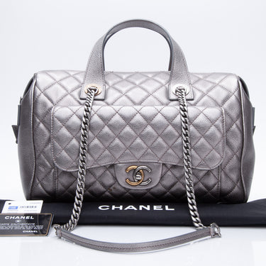 CHANEL Quilted Silver Bowling Bag With Front Pocket