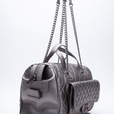 CHANEL Quilted Silver Bowling Bag With Front Pocket