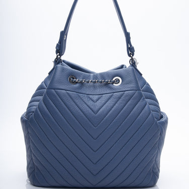 CHANEL Blue Deerskin Chevron Medium Chain Bucket Bag
