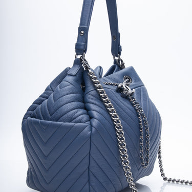 CHANEL Blue Deerskin Chevron Medium Chain Bucket Bag