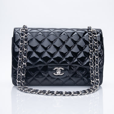 CHANEL Black Patent Quilted Jumbo Double Flap Bag