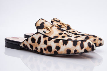 GUCCI Calf Hair Leopard Print Women's Princetown Naturale Black Slippers 36.5