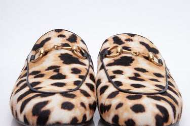 GUCCI Calf Hair Leopard Print Women's Princetown Naturale Black Slippers 36.5