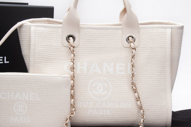 CHANEL Cream Deauville Mixed Fiber Small Tote Bag (New)